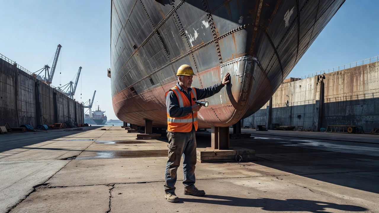 Inspector examining the outside of a vessel hull in a naturally lit dry dock