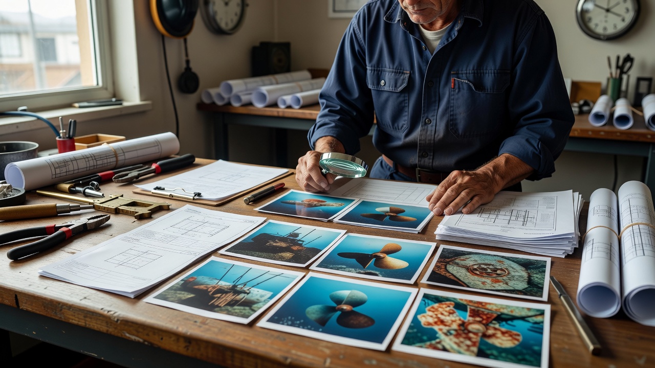 Marine inspection documents and photographs being reviewed on a worktable in natural light