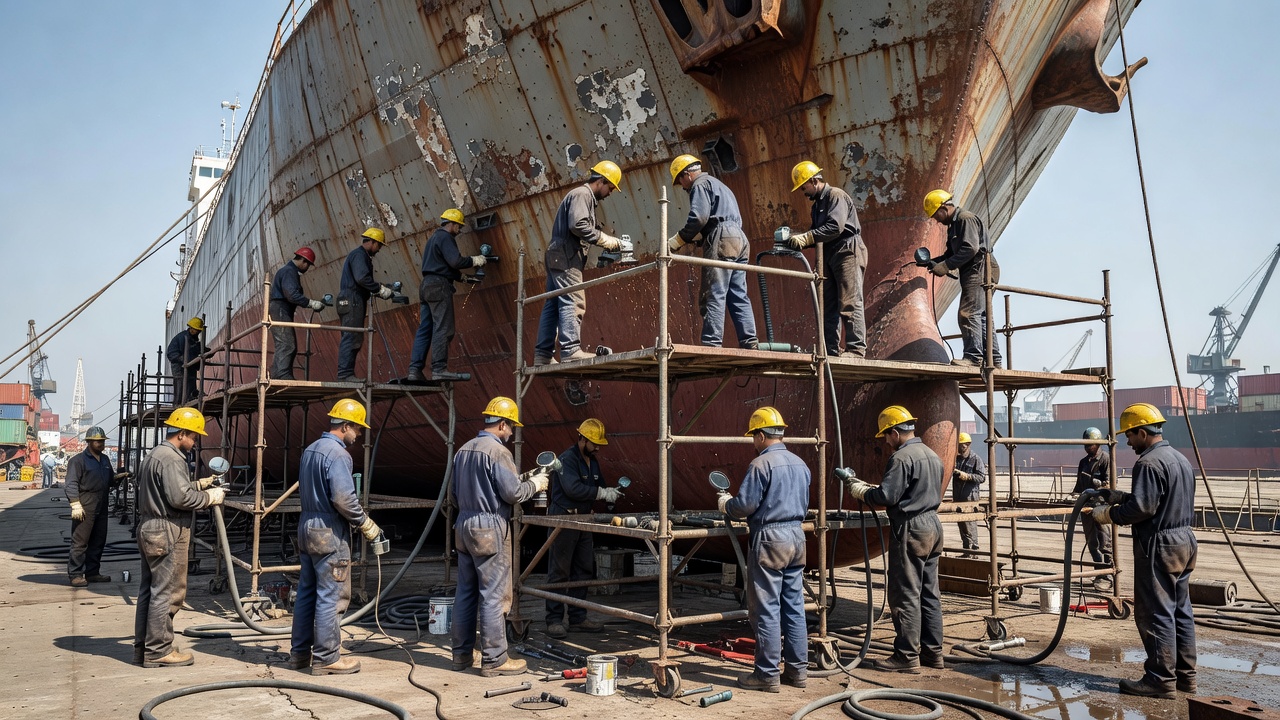 Shipyard crew working beside an exposed vessel hull in daylight