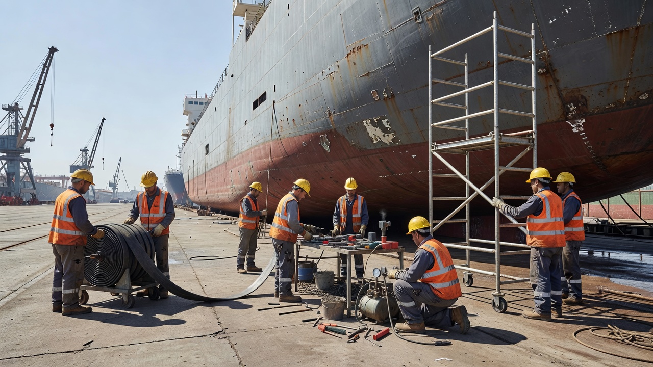 Shipyard maintenance team preparing work beside a vessel hull in daylight