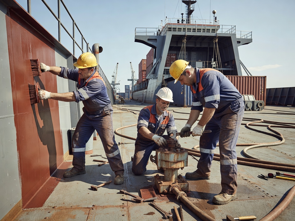 Maintenance crew carrying out practical work on a vessel deck
